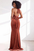 Load image into Gallery viewer, Navy Velvet Hater Neck Mermaid Long Wedding Guest Dress