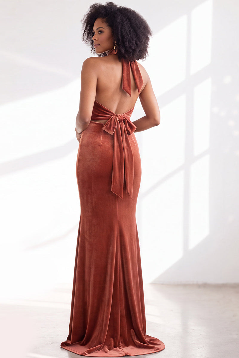 Load image into Gallery viewer, Navy Velvet Hater Neck Mermaid Long Wedding Guest Dress