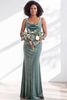Load image into Gallery viewer, Dusty Sage Mermaid Velvet Cowl Neck Maxi Wedding Guest Dress