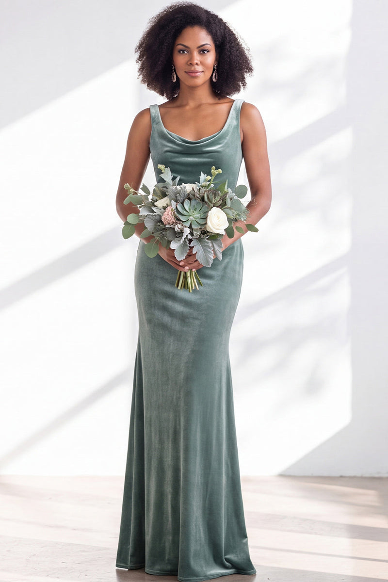 Load image into Gallery viewer, Dusty Sage Mermaid Velvet Cowl Neck Maxi Wedding Guest Dress