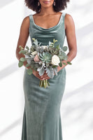Load image into Gallery viewer, Dusty Sage Mermaid Velvet Cowl Neck Maxi Wedding Guest Dress
