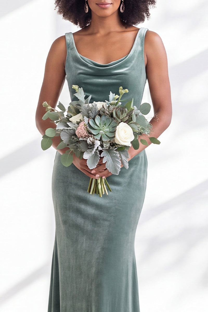 Load image into Gallery viewer, Dusty Sage Mermaid Velvet Cowl Neck Maxi Wedding Guest Dress