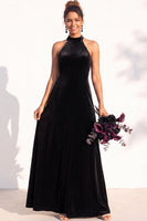 Load image into Gallery viewer, Black Velvet A-Line Halter Neck Long Wedding Guest Dress