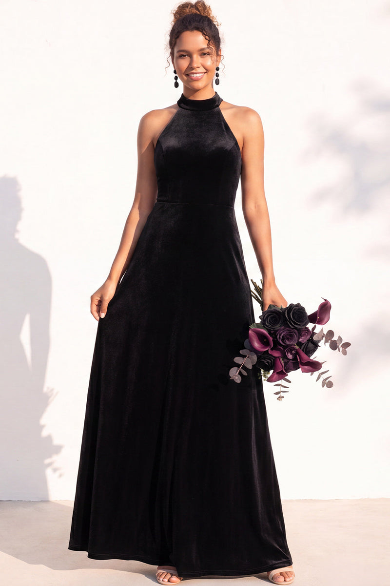 Load image into Gallery viewer, Black Velvet A-Line Halter Neck Long Wedding Guest Dress