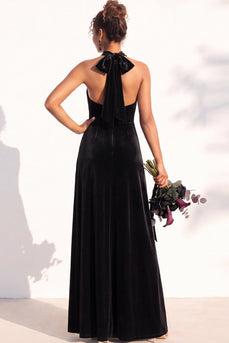 Black Velvet A-Line Halter Neck Long Wedding Guest Dress