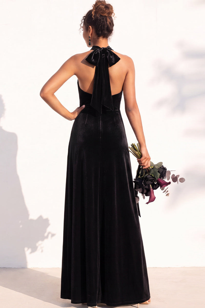 Load image into Gallery viewer, Black Velvet A-Line Halter Neck Long Wedding Guest Dress