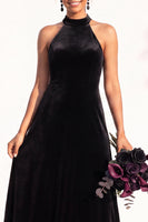 Load image into Gallery viewer, Black Velvet A-Line Halter Neck Long Wedding Guest Dress