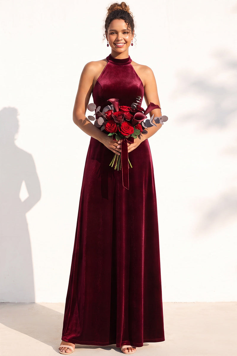 Load image into Gallery viewer, Black Velvet A-Line Halter Neck Long Wedding Guest Dress