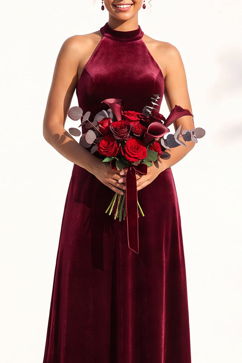 Load image into Gallery viewer, Black Velvet A-Line Halter Neck Long Wedding Guest Dress