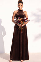 Load image into Gallery viewer, Black Velvet A-Line Halter Neck Long Wedding Guest Dress