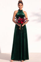 Load image into Gallery viewer, Black Velvet A-Line Halter Neck Long Wedding Guest Dress