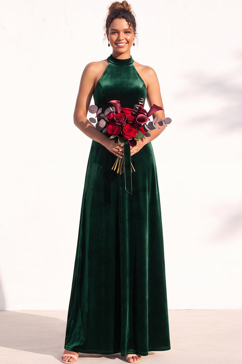 Load image into Gallery viewer, Black Velvet A-Line Halter Neck Long Wedding Guest Dress