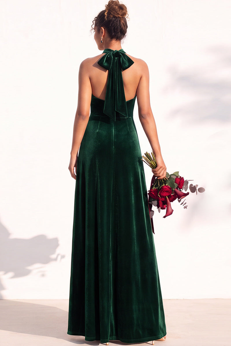 Load image into Gallery viewer, Black Velvet A-Line Halter Neck Long Wedding Guest Dress
