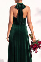 Load image into Gallery viewer, Black Velvet A-Line Halter Neck Long Wedding Guest Dress
