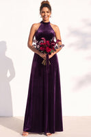 Load image into Gallery viewer, Black Velvet A-Line Halter Neck Long Wedding Guest Dress