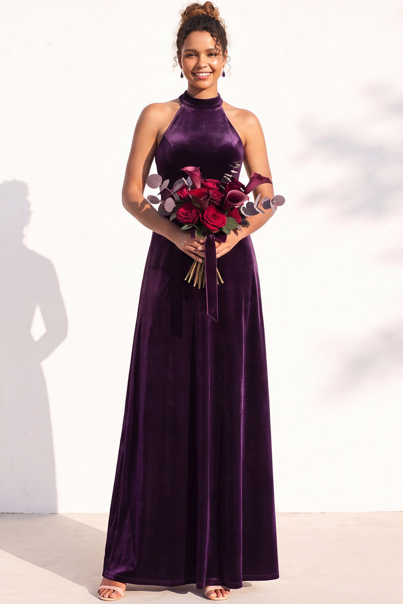 Load image into Gallery viewer, Black Velvet A-Line Halter Neck Long Wedding Guest Dress