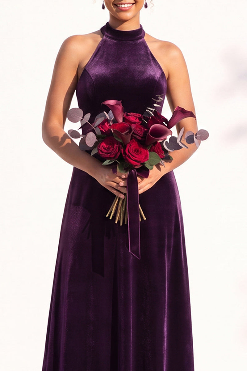 Load image into Gallery viewer, Black Velvet A-Line Halter Neck Long Wedding Guest Dress