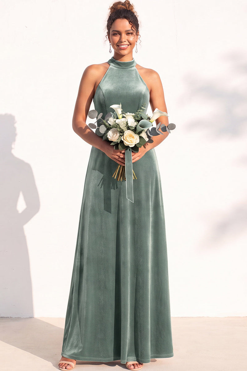 Load image into Gallery viewer, Black Velvet A-Line Halter Neck Long Wedding Guest Dress