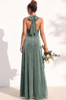 Load image into Gallery viewer, Black Velvet A-Line Halter Neck Long Wedding Guest Dress