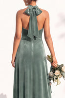 Load image into Gallery viewer, Black Velvet A-Line Halter Neck Long Wedding Guest Dress