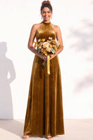 Load image into Gallery viewer, Black Velvet A-Line Halter Neck Long Wedding Guest Dress