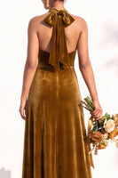 Load image into Gallery viewer, Black Velvet A-Line Halter Neck Long Wedding Guest Dress