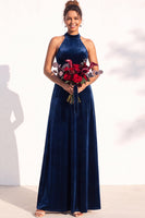 Load image into Gallery viewer, Black Velvet A-Line Halter Neck Long Wedding Guest Dress