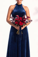 Load image into Gallery viewer, Black Velvet A-Line Halter Neck Long Wedding Guest Dress