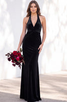 Load image into Gallery viewer, Golden Brown Mermaid Velvet Ruched Halter Long Wedding Guest Dress