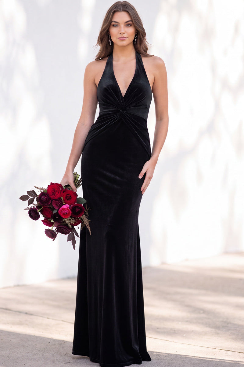 Load image into Gallery viewer, Golden Brown Mermaid Velvet Ruched Halter Long Wedding Guest Dress