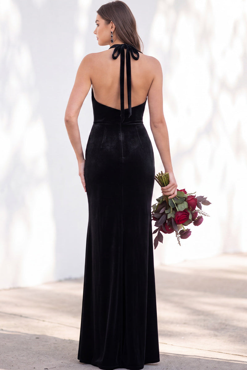 Load image into Gallery viewer, Golden Brown Mermaid Velvet Ruched Halter Long Wedding Guest Dress
