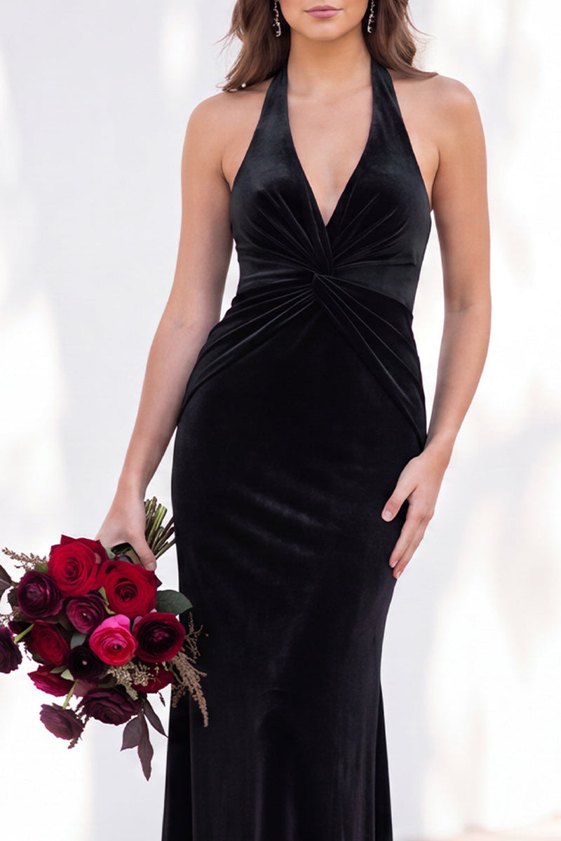 Load image into Gallery viewer, Golden Brown Mermaid Velvet Ruched Halter Long Wedding Guest Dress