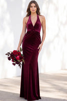 Load image into Gallery viewer, Golden Brown Mermaid Velvet Ruched Halter Long Wedding Guest Dress