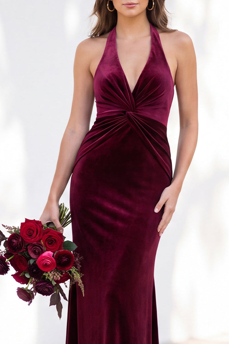 Load image into Gallery viewer, Golden Brown Mermaid Velvet Ruched Halter Long Wedding Guest Dress