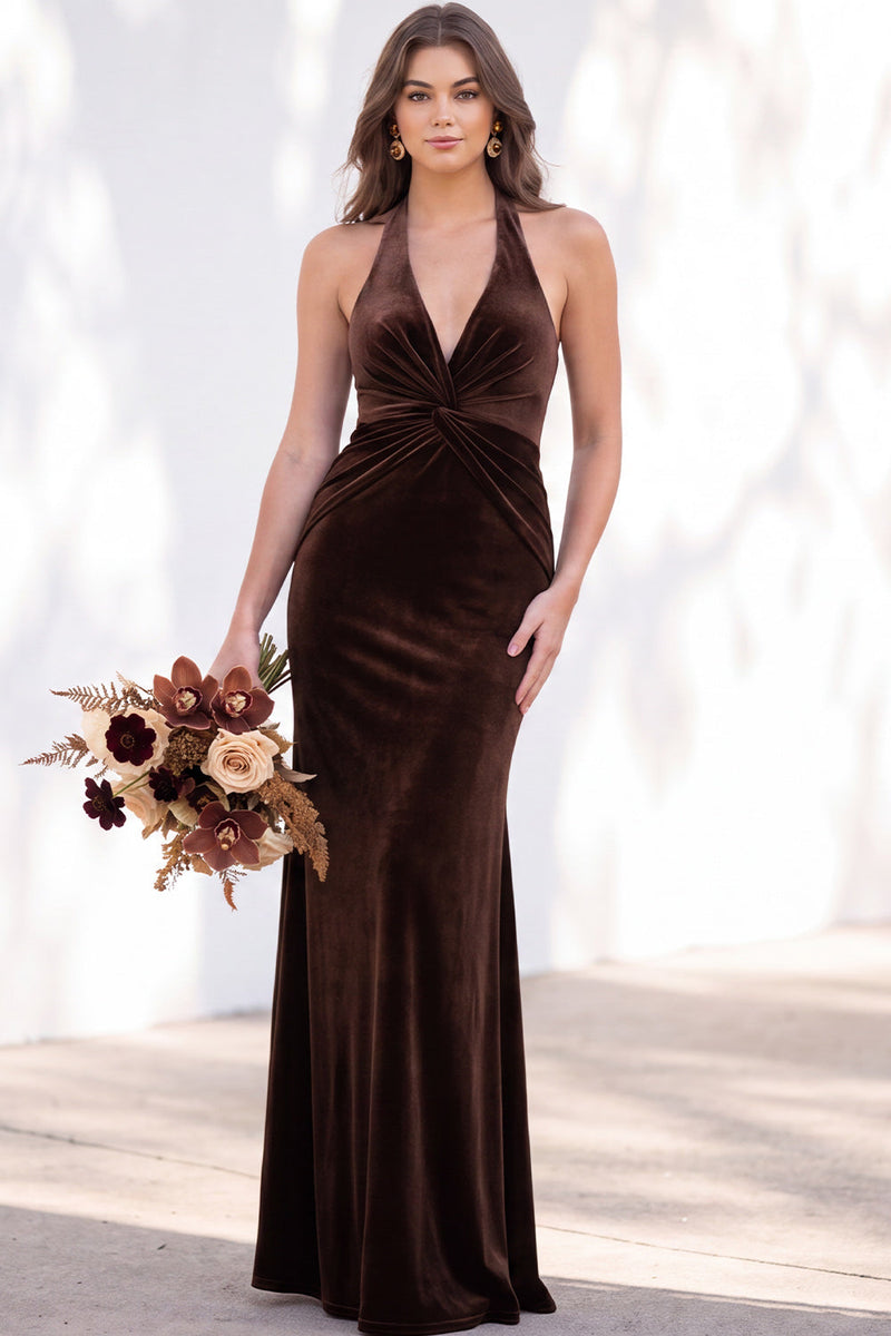 Load image into Gallery viewer, Golden Brown Mermaid Velvet Ruched Halter Long Wedding Guest Dress