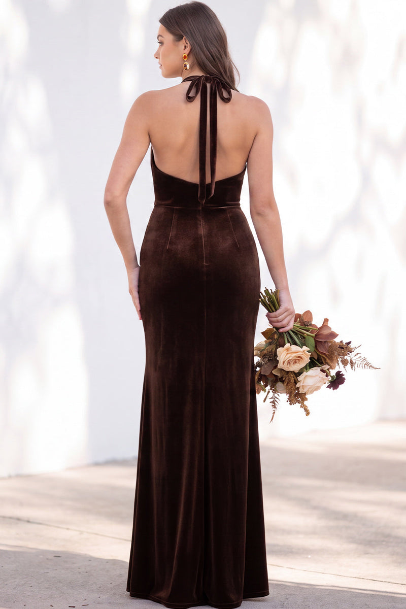 Load image into Gallery viewer, Golden Brown Mermaid Velvet Ruched Halter Long Wedding Guest Dress