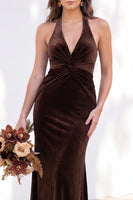 Load image into Gallery viewer, Golden Brown Mermaid Velvet Ruched Halter Long Wedding Guest Dress