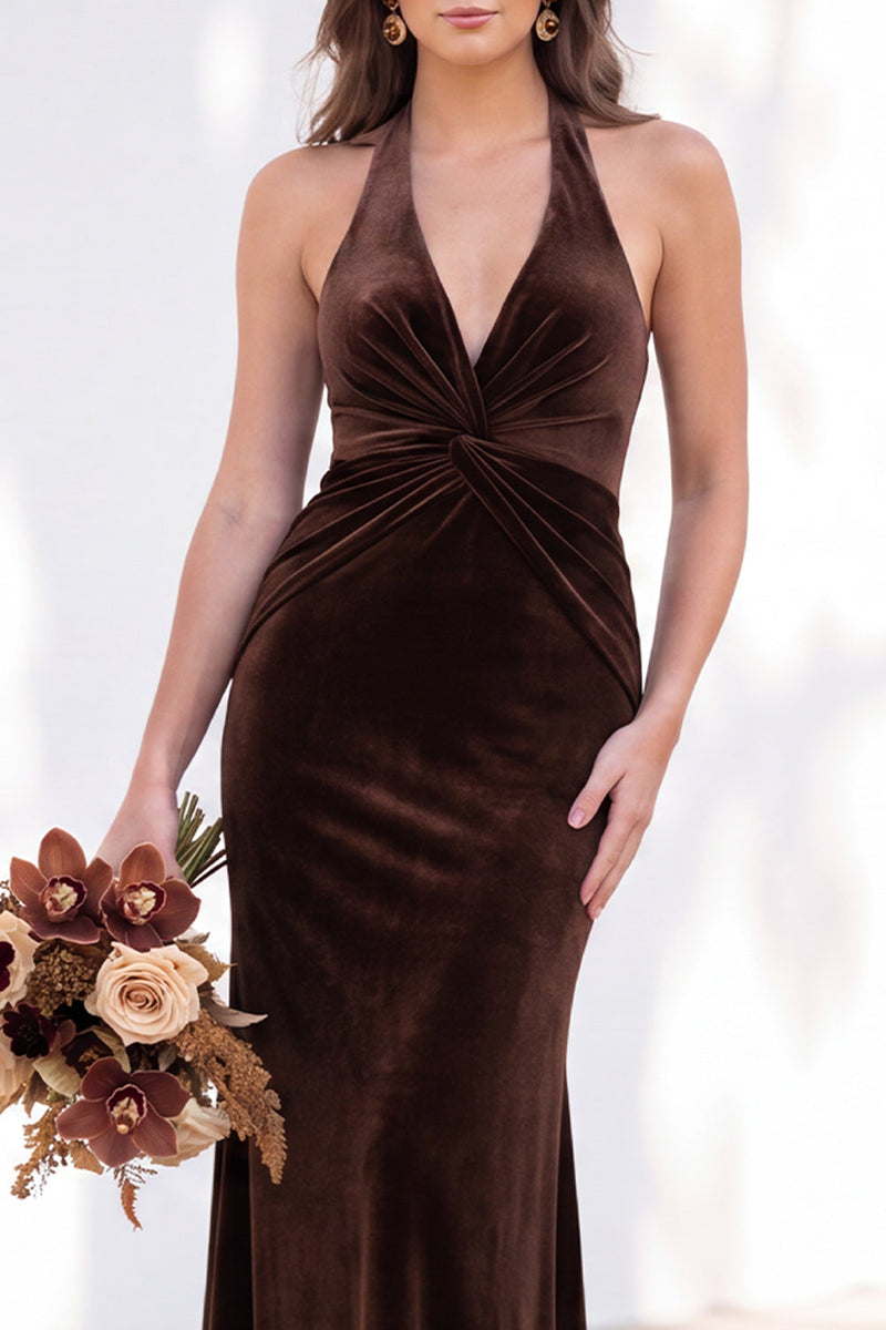 Load image into Gallery viewer, Golden Brown Mermaid Velvet Ruched Halter Long Wedding Guest Dress