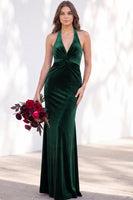 Load image into Gallery viewer, Golden Brown Mermaid Velvet Ruched Halter Long Wedding Guest Dress