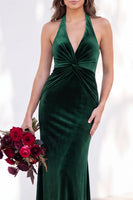Load image into Gallery viewer, Golden Brown Mermaid Velvet Ruched Halter Long Wedding Guest Dress