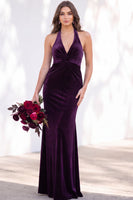 Load image into Gallery viewer, Golden Brown Mermaid Velvet Ruched Halter Long Wedding Guest Dress
