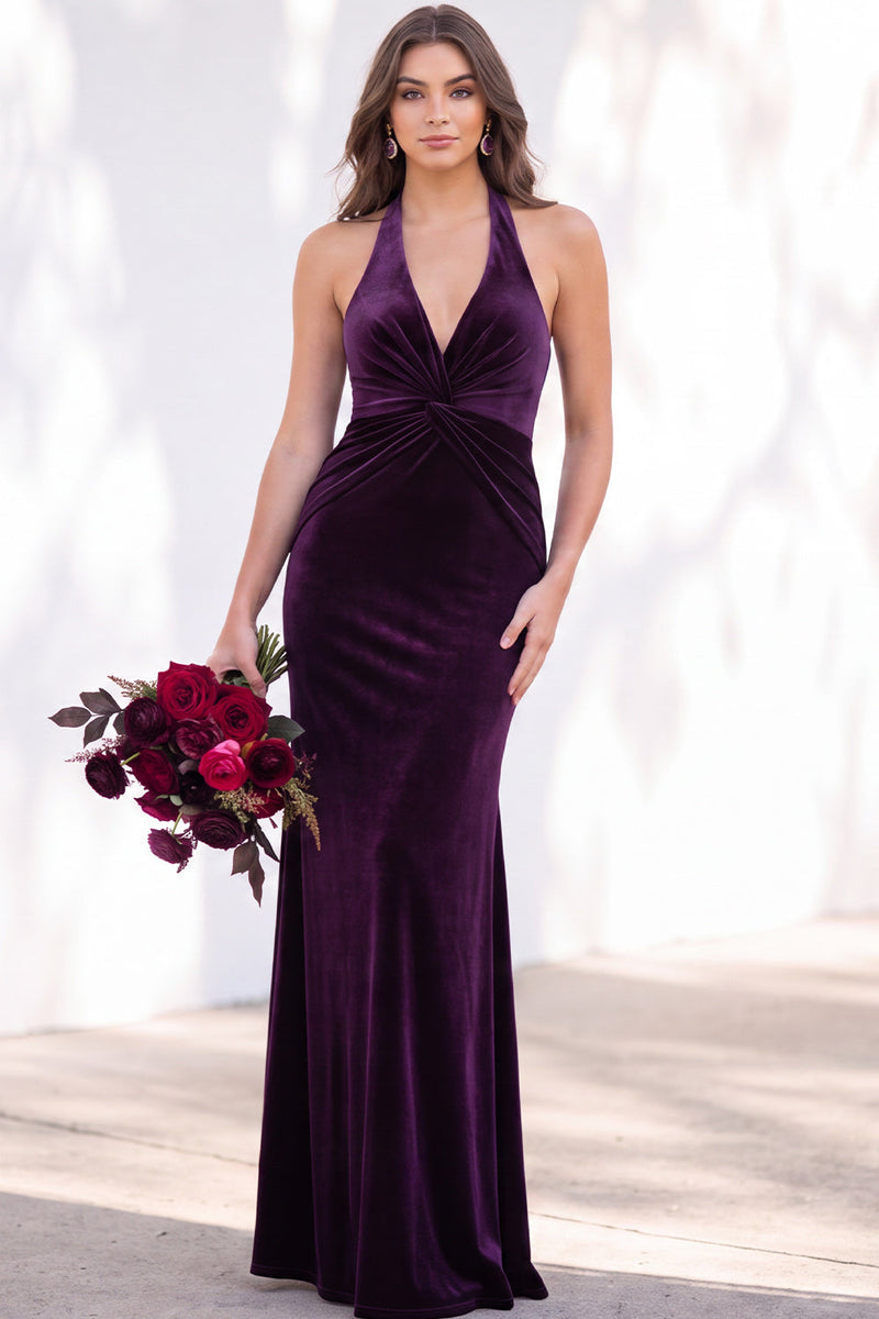 Load image into Gallery viewer, Golden Brown Mermaid Velvet Ruched Halter Long Wedding Guest Dress