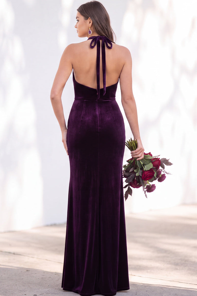 Load image into Gallery viewer, Golden Brown Mermaid Velvet Ruched Halter Long Wedding Guest Dress