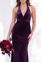 Load image into Gallery viewer, Golden Brown Mermaid Velvet Ruched Halter Long Wedding Guest Dress