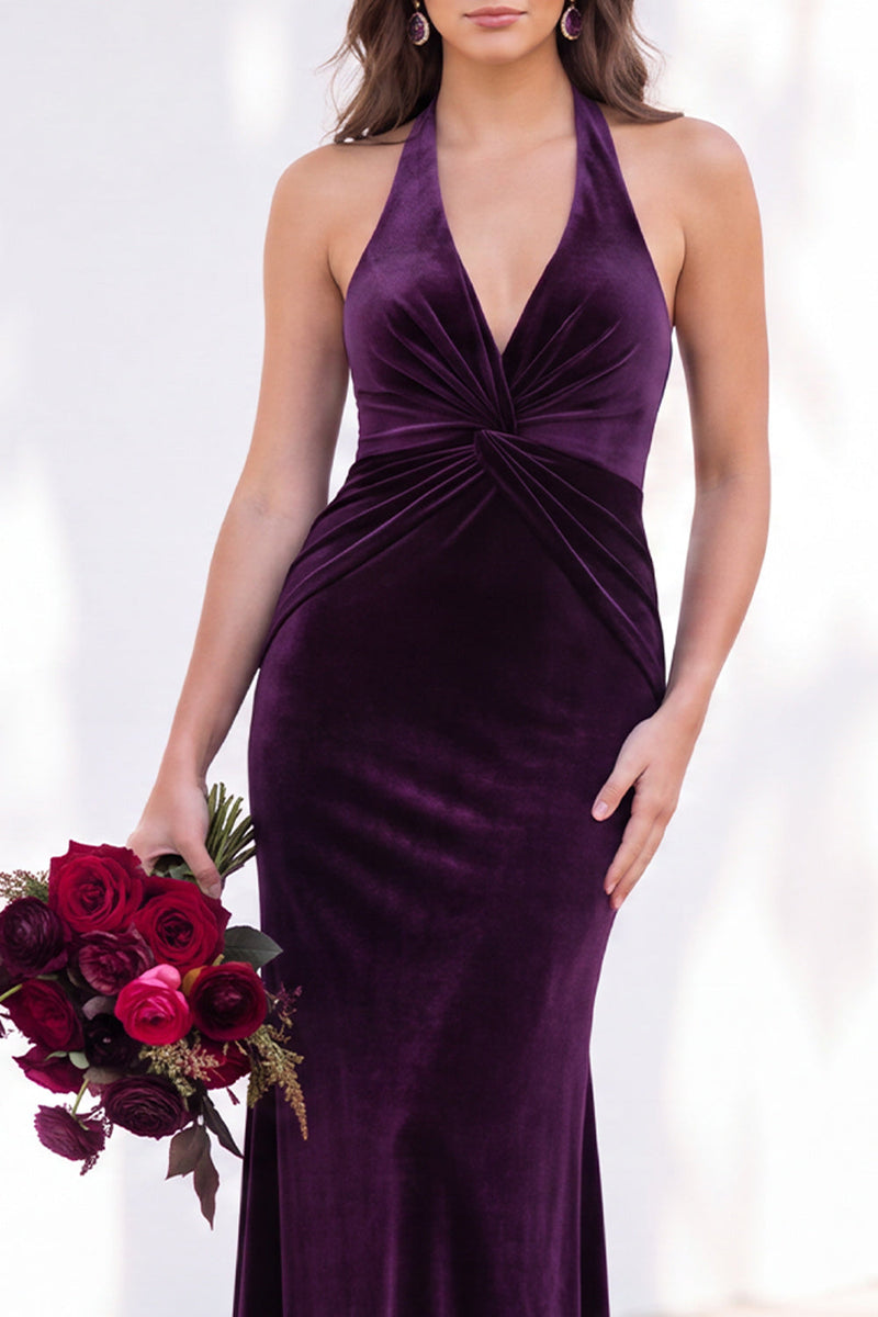 Load image into Gallery viewer, Golden Brown Mermaid Velvet Ruched Halter Long Wedding Guest Dress