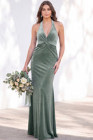 Load image into Gallery viewer, Golden Brown Mermaid Velvet Ruched Halter Long Wedding Guest Dress