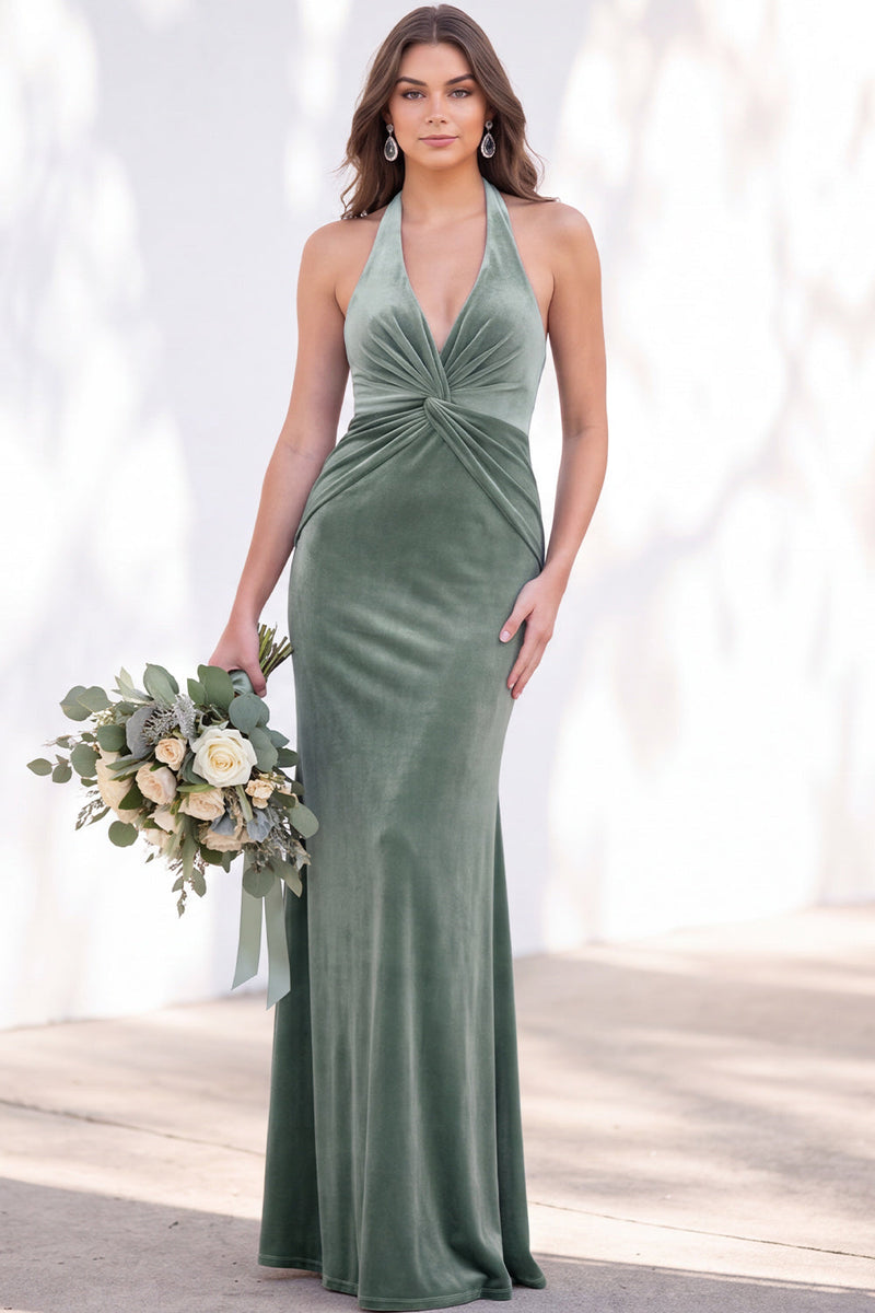 Load image into Gallery viewer, Golden Brown Mermaid Velvet Ruched Halter Long Wedding Guest Dress