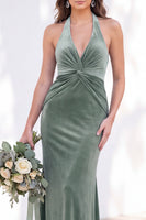 Load image into Gallery viewer, Golden Brown Mermaid Velvet Ruched Halter Long Wedding Guest Dress