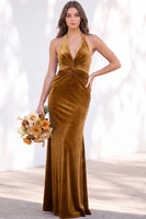 Load image into Gallery viewer, Golden Brown Mermaid Velvet Ruched Halter Long Wedding Guest Dress