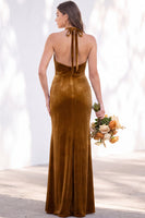 Load image into Gallery viewer, Golden Brown Mermaid Velvet Ruched Halter Long Wedding Guest Dress